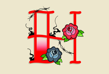 Capital Letters in traditional tattoo style decoration with rose flower and barbed wire