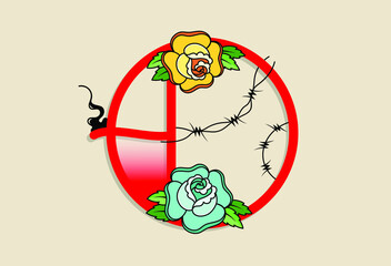 Capital Letters in traditional tattoo style decoration with rose flower and barbed wire