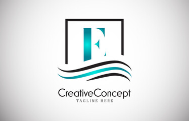 E blue letter logo design with frame swoosh. Creative monogram design vector illustration.
