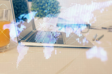 Multi exposure of business theme icons and work space with computer background. Concept of success.