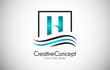 H blue letter logo design with frame swoosh. Creative monogram design vector illustration.
