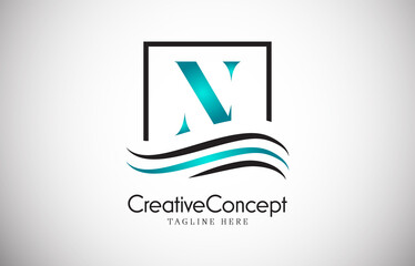 N blue letter logo design with frame swoosh. Creative monogram design vector illustration.
