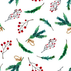 Watercolor seamless christmas pattern with green fir branches and berries.