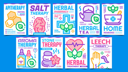 Traditional Naturopathy Promo Posters Set Vector. Traditional Apitherapy And Aromatherapy, Stone And Salt Therapy, Home Remedies And Herbal Tea Advertising Banners. Concept Layout Color Illustrations