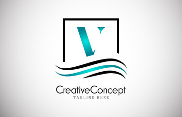 Fototapeta premium V blue letter logo design with frame swoosh. Creative monogram design vector illustration. 