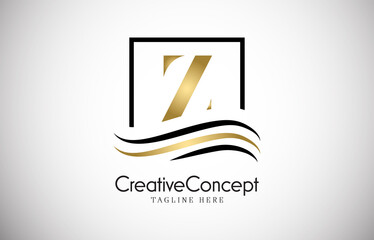 Z gold letter logo design with frame swoosh. Creative monogram design vector illustration.
