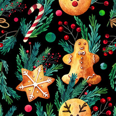 Watercolor seamless christmas pattern with green fir branches, gingerbread and berries on black background.