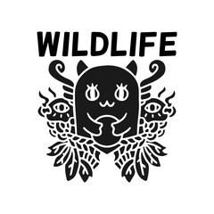 Cool cat character in abstract style, with wildlife typography, illustration for poster, sticker, or apparel merchandise.With tribal and hipster style.