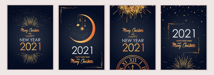 2021 new year. Fireworks, golden garlands, sparkling particles. Set of Christmas sparkling templates for holiday banners, flyers, cards, invitations, covers, posters. Vector illustration. - 390360093