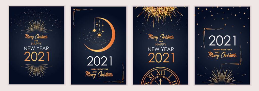 2021 new year. Fireworks, golden garlands, sparkling particles. Set of Christmas sparkling templates for holiday banners, flyers, cards, invitations, covers, posters. Vector illustration.