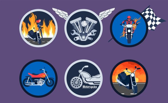 Bikers with motorcycles logo vector illustration set. Cartoon flat moto club round emblem sticker collection with different motorbikes, motorcyclist character standing next to bike in fire background