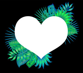 Heart with tropical leaves isolated on black.