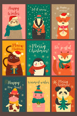 Set of cute cards with animals in a Christmas mood. Vector graphics.