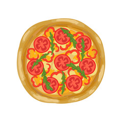 Pizza with cheese, tomatoes and pepper. Top view of Margherita pizza. Italian food design. Vector illustration.