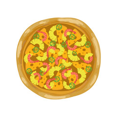 Pizza with cheese, pineapple and shrimp. Top view of Hawaiian pizza. Italian food design. Vector illustration.