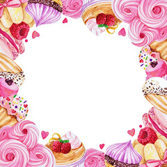 various french sweets frame, macaron, petitsfours, meringue, hand drawn watercolor illustration isolated on white background