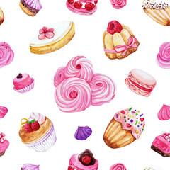 various french sweets seamless pattern, meringue, macarons, madeleine, petitsfours, hand drawn illustration on white background