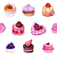 various french sweets seamless pattern, macarons, petitsfours, hand drawn illustration on white background