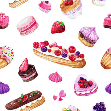 various french sweets seamless pattern, eclairs, macarons, madeleine, petitsfours, hand drawn illustration on white background