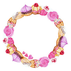 various french sweets wreath, meringue, madeleine, petitsfours, hand drawn watercolor illustration isolated on white background