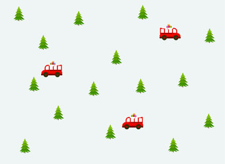 Christmas tree and red bus with gifts, Christmas card