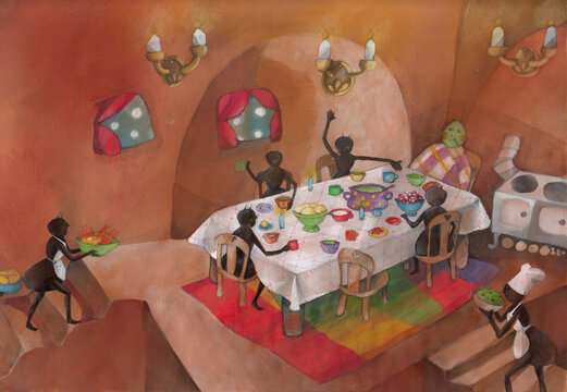 Watercolor And Crayon Illustration Of Ants And Ill Cricket Having Dinner Party In The Anthill