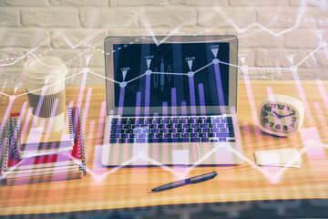 Multi exposure of forex graph and work space with computer. Concept of international online trading.