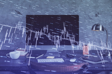 Double exposure of forex chart and work space with computer. Concept of international online trading.