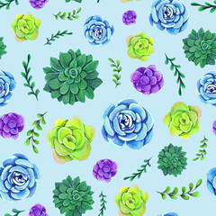 Colorful watercolor succulents seamless pattern on light blue background. Hand drawn botanical illustration with succulent and leaves.