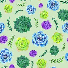 Colorful watercolor succulents seamless pattern on light green background. Hand drawn botanical illustration with succulent and leaves.