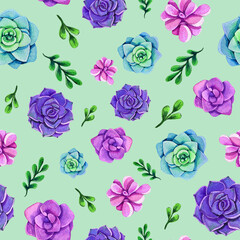 Colorful watercolor succulents seamless pattern on green background. Hand drawn botanical illustration with succulent and leaves.