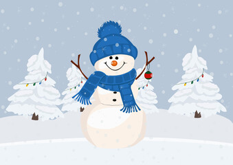 Merry christmas and happy new year greeting card. Snowman standing in winter christmas landscape. Vector illustration.
