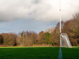 Irish National sports training field with side view of goal post for Gaelic sports camogie, hurling, irish football, rugby and soccer.