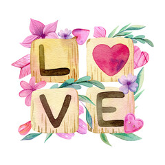 Watercolor hand drawn composition for Valentine's Day with wooden cubes forming the word "love"