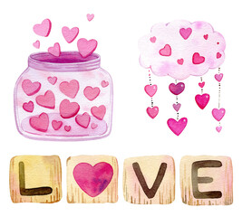 Hand drawn watercolor illustrations isolated on white background. Valentine's day objects, glass jar with hearts, cloud with hearts, wooden cubes. Perfect for invitation and romantic post cards.