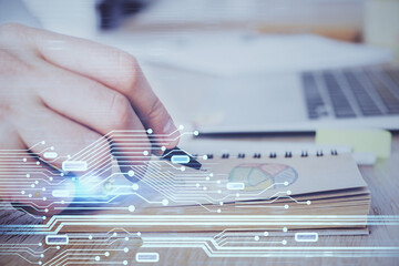 Writing human hands with data theme multi exposure icons.