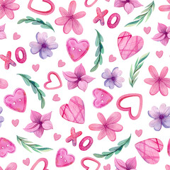 Fototapeta na wymiar Watercolor seamless pattern for Valentine's Day with cute hearts, flowers, and leaves. Perfect for invitation and romantic post cards.