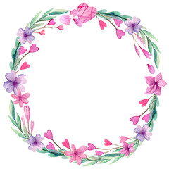 Fototapeta na wymiar Hand drawn watercolor wreath for Valentine's Day with cute hearts, flowers, twigs and leaves. Round frame for invitation and romantic post cards.
