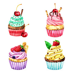 Cupcakes watercolor set. Hand drawn. Illustration on isolated white background
