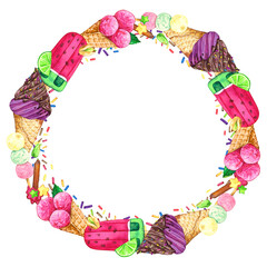 Watercolor colorful wreath with different ice cream. Hand drawn illustration on white background.