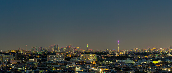 Fototapeta na wymiar 東京のパノラマ 夜景　スカイツリーと新宿