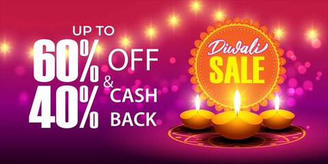 Diwali Festive Season Sale banner, up to 50% cashback. Limited offer Dipawali, Indian festival, diya lamp, oil lamp, get an assured gift, vector illustration offer banner, advertisement