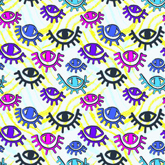 Naklejka premium Seamless backdrop with abstract repeat hand drawn eyes and grunge wave lines 