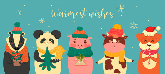 Horizontal banner with cute Christmas animals. Vector graphics.