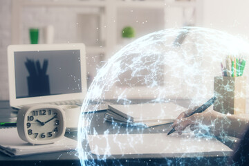 Social network theme hologram over woman's hands writing background. Concept of international...
