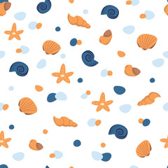 Fototapeta na wymiar Seashells and starfishes - seamless pattern. Nautical pattern. Kids textile design.