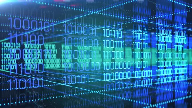 Strings of binary code on screen, generic hacking background, programming. Numbers changing on blue background