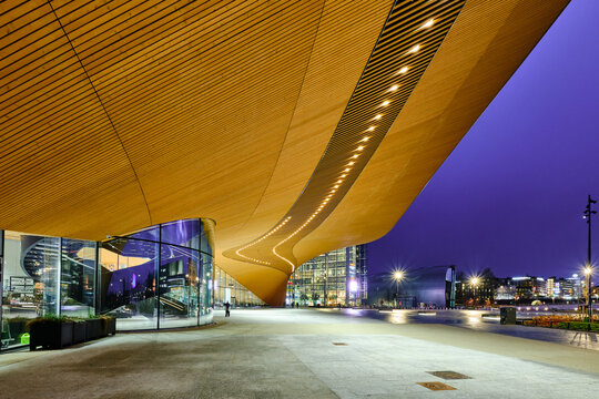 Helsinki, Finland - November 4, 2020: The main entrance of the Oodi library. Modern nordic architecture.