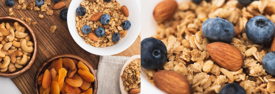 collage of delicious granola with nuts,dried apricots and blueberry on wooden board on white background, banner