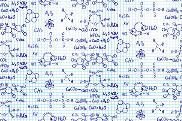 Naklejka na ściany i meble Chemical formula and outlines on notebook page. Vector seamless pattern. Education and scientific background.